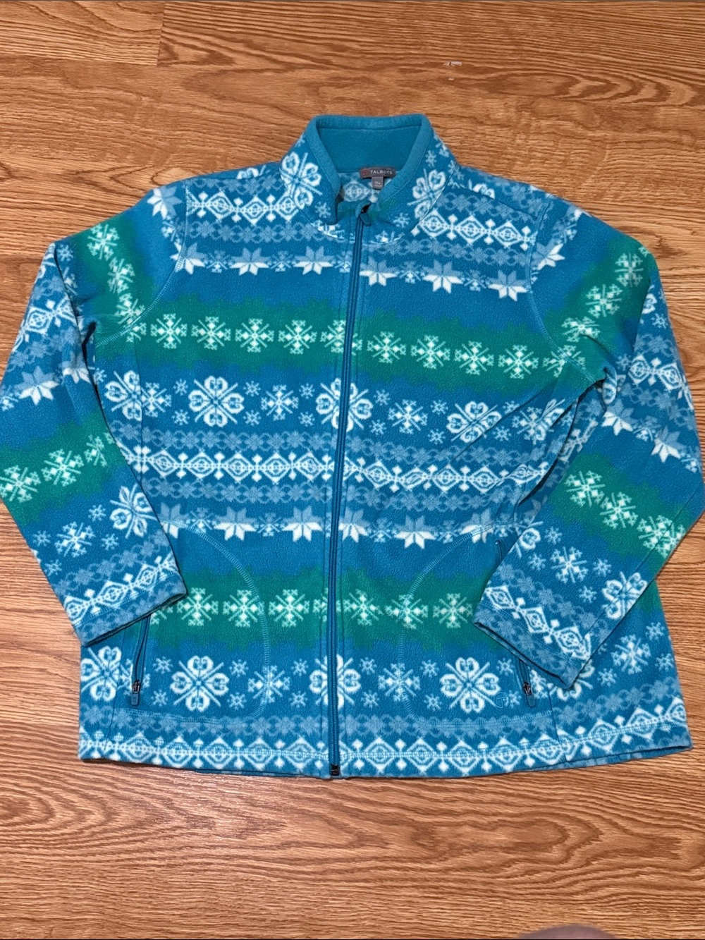 Talbots Blue & Green Snowflake Winter Holiday Zip-Up Fleece Jacket